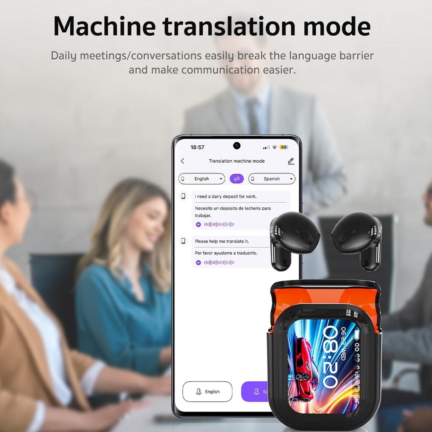 NexvoHub™ AI Translator Earbuds with Smart Display